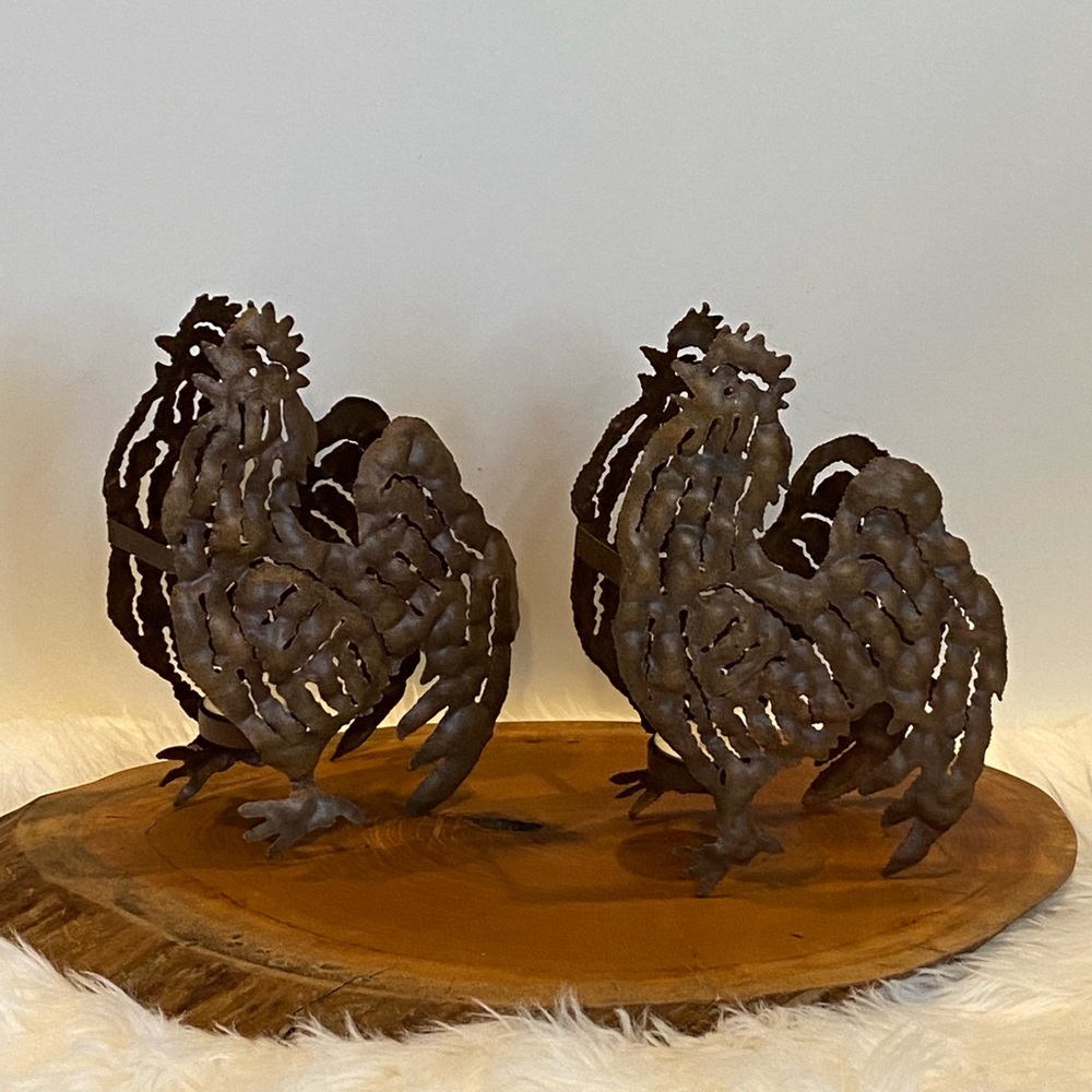 2 Rustic Industrial Farmhouse Metal Rooster Tea Light Candle Holders Cottagecore